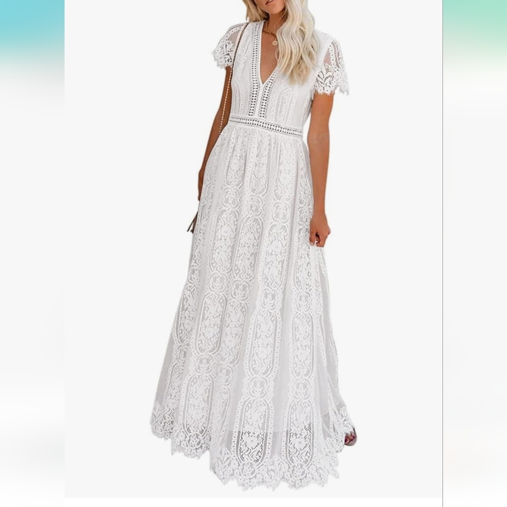 Women's V Neck Short Sleeve Floral Lace Dress, White, NWT